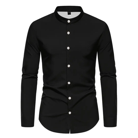Heren Mode Effen Kleur Mandarijn Kraag Lange Mouw Casual Overhemd Slim Fit Button Down Plus Size Tops