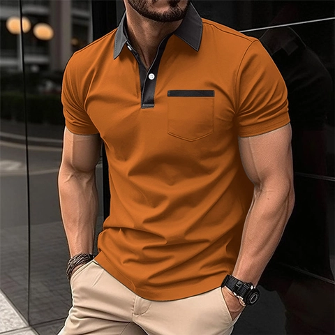 Herren Casual Schlanke Passform Kurzarm Polohemd Mit Kontrast Reverskragen Brusttasche Atmungsaktiv Polyester Sport Top