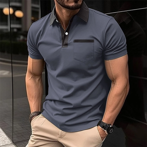 Herren Casual Schlanke Passform Kurzarm Polohemd Mit Kontrast Reverskragen Brusttasche Atmungsaktiv Polyester Sport Top