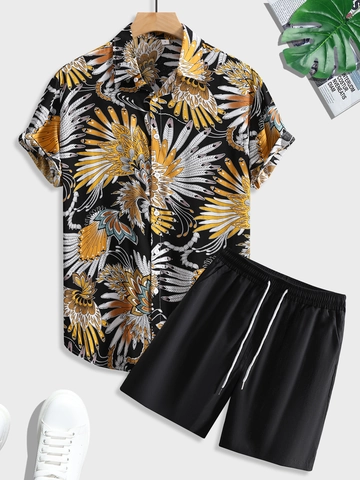 Homme Été Décontracté Imprimé Floral Tropical Chemise À Manches Courtes Boutonnée Et Short À Cordon Tenue De Vacances Plage