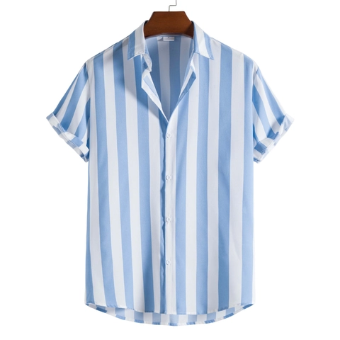 Camisa de Rayas Casual de Manga Corta para Hombre Moda Cuello Vuelto con Botones Camiseta de Playa de Verano para Hombre