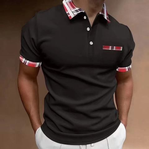 Polo da Uomo Casual Slim Fit a Manica Corta Con Colletto a Quadri a Contrasto Stile Britannico Moda Top Estivo Traspirante