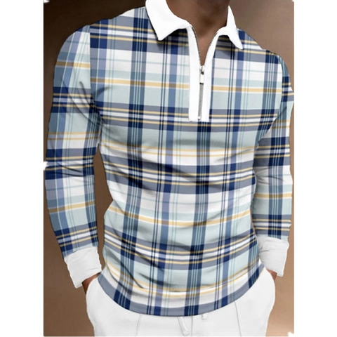 Polo à Manches Longues pour Hommes Mode Col en V Zippé Impression 3D Graphique Rayures Plaid Haut Décontracté Noël Halloween