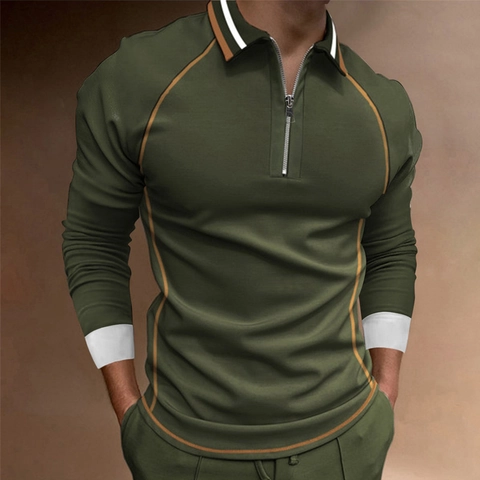 Polo Homme Mode Impression Numérique 3D Manches Longues Avec Revers à Fermeture Éclair Casual Business Plaid Rayé Respirant Slim Fit Top