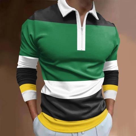 Men Casual Long Sleeve Polo Shirt 3D Digital Printed Zipper Lapel Contrast Patchwork Striped Fashion Male Top Apparel