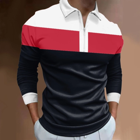 Men Casual Long Sleeve Polo Shirt 3D Digital Printed Zipper Lapel Contrast Patchwork Striped Fashion Male Top Apparel