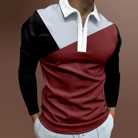 Polo pour Hommes à Manches Longues à la Mode Décontracté Imprimé 3D Géométrique Patte de Boutonnage à Fermeture Éclair Revers Coupe Classique Tops Urbains pour Printemps Automne