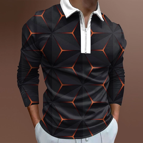 Polo pour Hommes à Manches Longues à la Mode Décontracté Imprimé 3D Géométrique Patte de Boutonnage à Fermeture Éclair Revers Coupe Classique Tops Urbains pour Printemps Automne