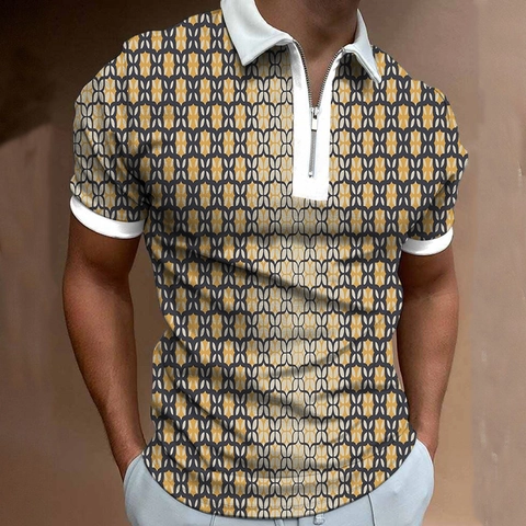 Men's Short Sleeve Zipper Lapel Polo Shirt 3D Digital Geometric Print Breathable Casual Sport Top For Men Summer Modern Top