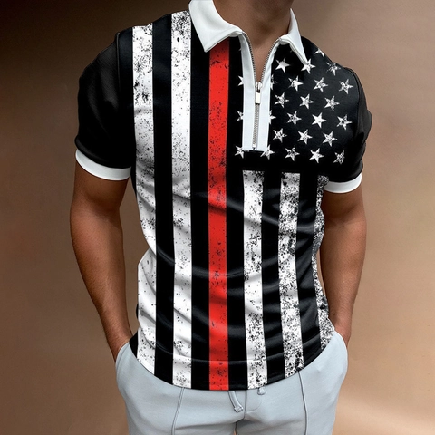 Men's Casual 3D Graphic Printed Polo Shirt Summer Short Sleeve Lapel Collar Zip Up Polyester Top For Daily Outdoor Fashion