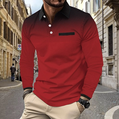 Heren Casual Poloshirt Lange Mouw Gradiënt Stip Contrast Kraag Ademend Urban Sportief Mode Top