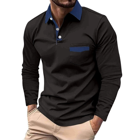 Ανδρικό Μπλουζάκι Πόλο με Μακρύ Μανίκι Color Block Casual με Πέτο Τσέπη Αναπνεύσιμο Πολυεστέρα Αστική Μόδα