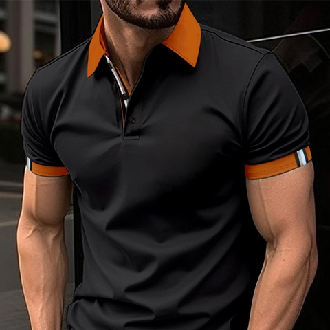 Men Slim Fit Short Sleeve Polo Shirt Contrast Color Trim Breathable Polyester Casual Sporty Tops For Men