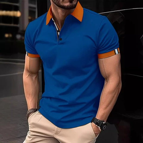 Men Slim Fit Short Sleeve Polo Shirt Contrast Color Trim Breathable Polyester Casual Sporty Tops For Men