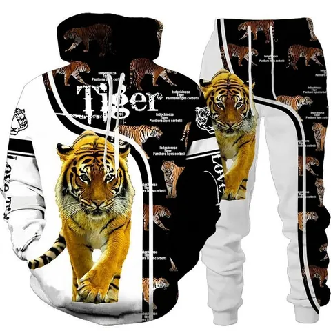 Herren Casual 3D Tiger Print Hoodie Und Sweatpants Streetwear Outfit Kapuzensweatshirt Und Jogginghose Jogginganzug Sportbekleidung