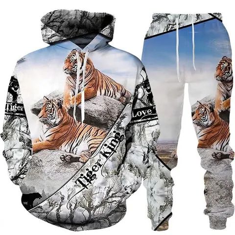 Herren Casual 3D Tiger Print Hoodie Und Sweatpants Streetwear Outfit Kapuzensweatshirt Und Jogginghose Jogginganzug Sportbekleidung