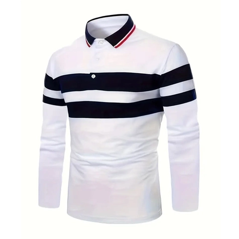 Men Casual Long Sleeve Polo Shirt Breathable Striped Splicing Contrast Lapel T-Shirt Fashion Slim Fit Sporty Top For Men