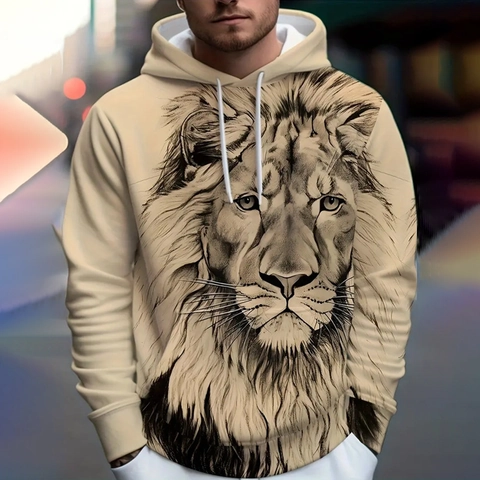Herren Beige 3D Löwenkopf Druck Kapuzenpullover Langarm Kordelzug Skizze Kunst Stil Lässig Frühling Herbst Sweatshirt