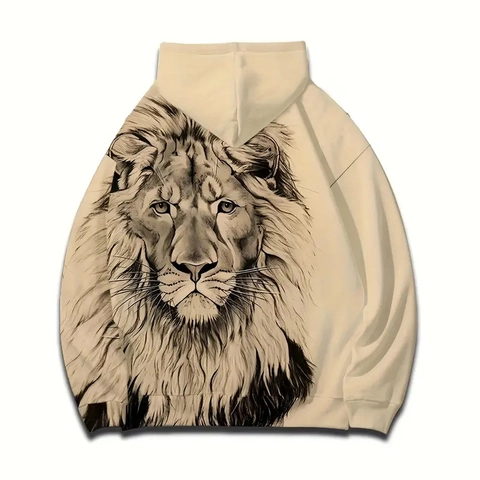 Herren Beige 3D Löwenkopf Druck Kapuzenpullover Langarm Kordelzug Skizze Kunst Stil Lässig Frühling Herbst Sweatshirt