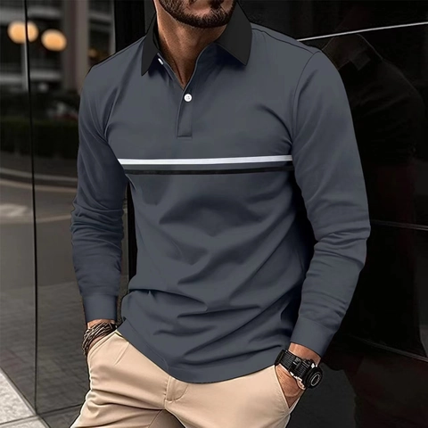 Polo da Uomo Casual a Manica Lunga a Righe Colletto a Contrasto Business Sportivo Polo Traspirante Confortevole Uomo Capi Moda