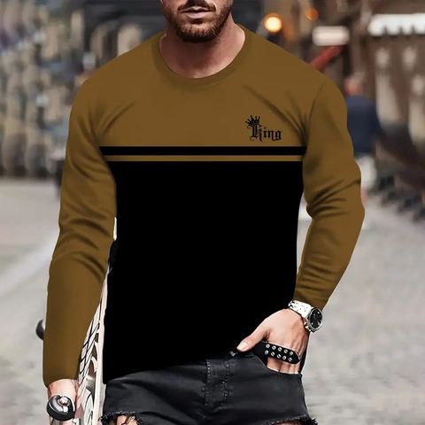 Men Casual Long Sleeve T-Shirt Loose Fit Round Neck King Letter Crown Digital Print Color Block Streetwear Tee Autumn Top