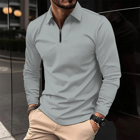 Men's Business Casual Waffle Knit Polo Shirt Fashion 1/4 Zipper Long Sleeve Top Solid Color Turndown Collar Men Clothing