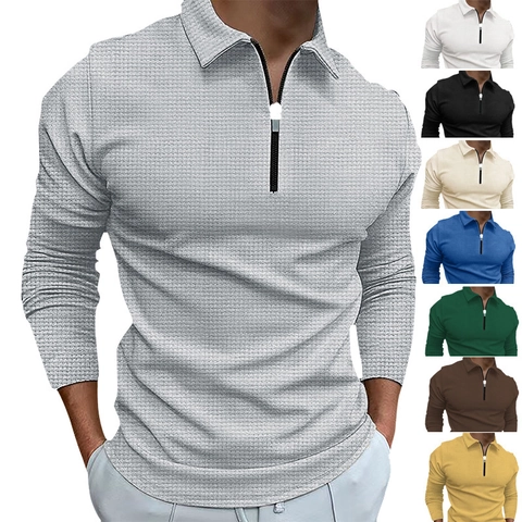 Polo da Uomo a Maniche Lunghe in Maglia a Nido d'Ape Casual Slim Fit 1/4 Zip Pullover Tinta Unita Business Casual Moda