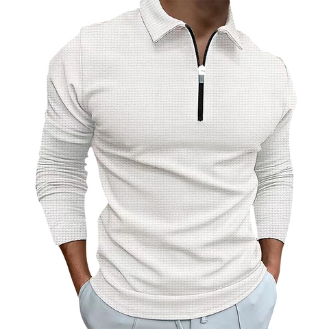 Polo da Uomo a Maniche Lunghe in Maglia a Nido d'Ape Casual Slim Fit 1/4 Zip Pullover Tinta Unita Business Casual Moda