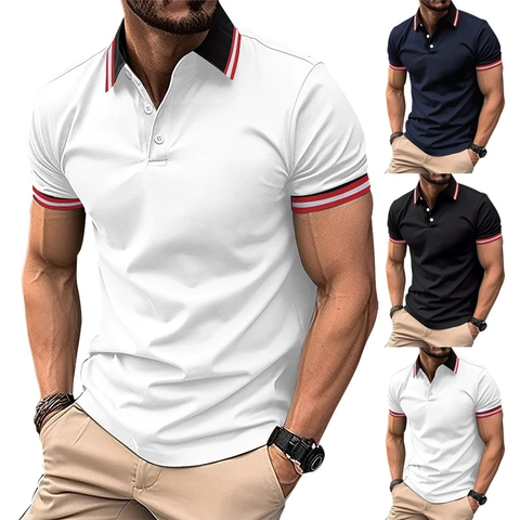 Men Casual Short Sleeve Polo Shirt Ribbed Lapel Button Neck Contrast Striped Cuffs Summer Breathable Versatile Top