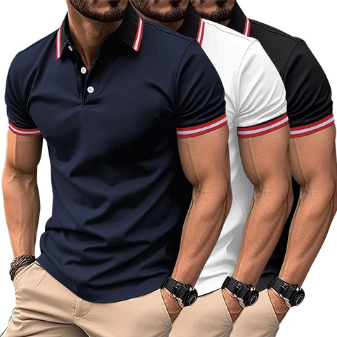 Men Casual Short Sleeve Polo Shirt Ribbed Lapel Button Neck Contrast Striped Cuffs Summer Breathable Versatile Top