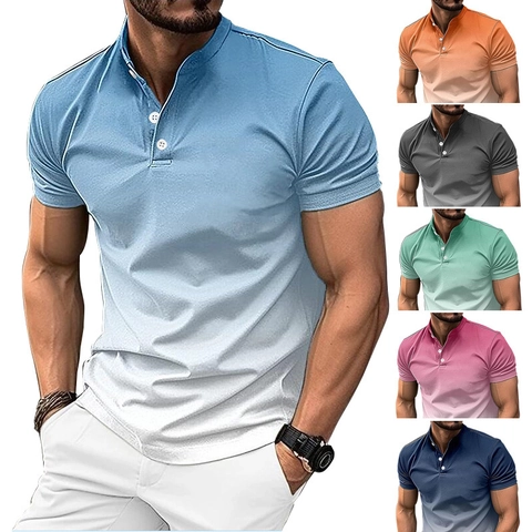 Polo da Uomo Casual Slim Fit Sfumata Collo alla Coreana Henley Manica Corta Traspirante Estate Sportivo Moda Top