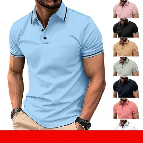 Polohemd Für Herren Schmale Passform Kurzarm Atmungsaktives Polyester Kontraststreifen Rippkragen Lässiges Sportoberteil