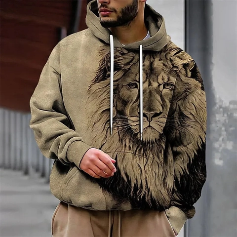 Men Casual Hoodie Lion Head 3D Print Pullover Sweatshirt Long Sleeve Hooded Top With Drawstring Streetwear Men Apparel