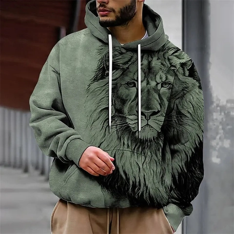 Men Casual Hoodie Lion Head 3D Print Pullover Sweatshirt Long Sleeve Hooded Top With Drawstring Streetwear Men Apparel
