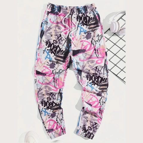 Herren Casual Streetwear Graffiti Print Sporthosen Locker Kordelzug Elastische Taille Jogginghosen Hip Hop Konische Hosen