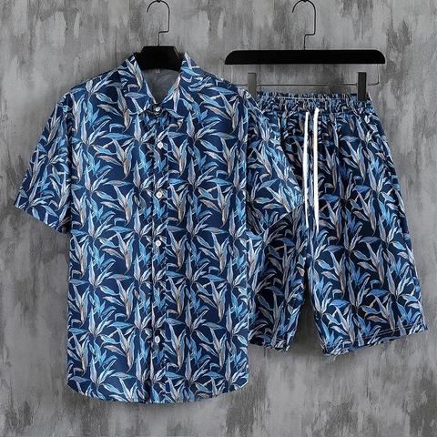 Ensemble Chemise et Short Imprimé Tropical Hawaïen pour Hommes Tenue Décontractée à Manches Courtes pour Plage Été