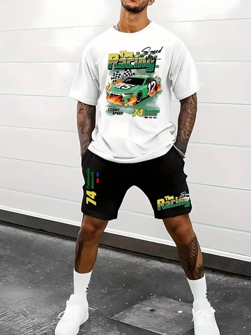 Men Racing Graphic Short Sleeve T-Shirt And Shorts Suit Summer Oversized Casual Streetwear Breathable Sporty Outfits For Men