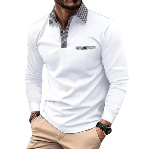 Men's Long Sleeve Polo Shirt Polyester Breathable Golf Sports Casual Plaid Striped Print Turn-down Collar Fashion Top For Men
