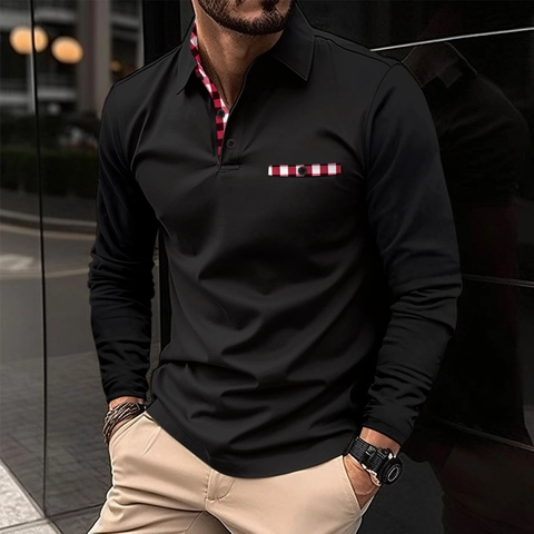 Herren Langarm Polo-Shirt Casual Einfarbig Gitter-Patchwork Revers-Kragen Mode Atmungsaktives Polyester Top Für Den Alltag