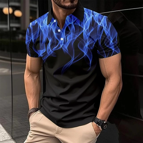 Polo da Uomo Casual a Maniche Corte Stampa Digitale a Fiamme Chiusura a Bottoni Colletto a Punta Top Estivo Versatile