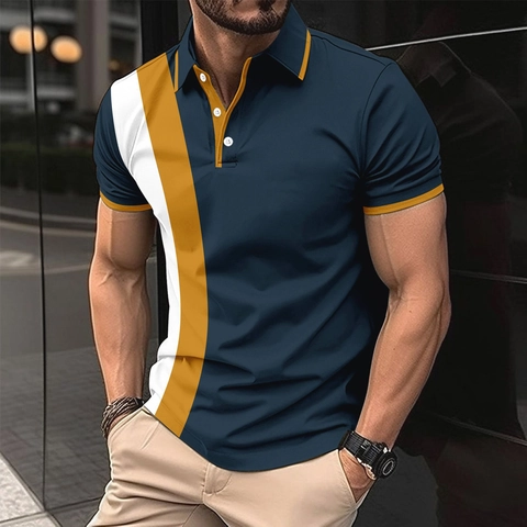 Polo da Uomo Fashion Casual a Blocchi di Colore Risvolto Maniche Corte Slim Fit Business Sportivo Traspirante Top