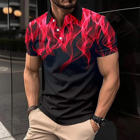 Polo da Uomo Casual a Maniche Corte Stampa Digitale a Fiamme Chiusura a Bottoni Colletto a Punta Top Estivo Versatile