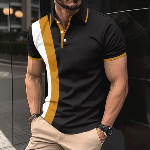Polo da Uomo Fashion Casual a Blocchi di Colore Risvolto Maniche Corte Slim Fit Business Sportivo Traspirante Top