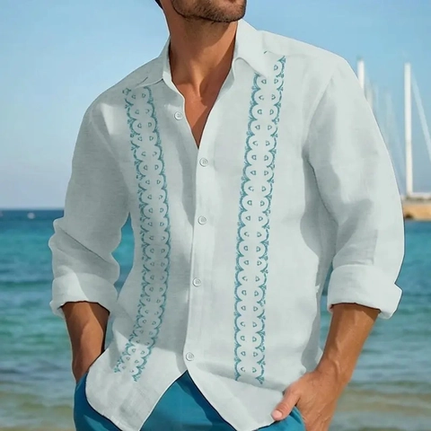 Herren Casual Langarm Button Down Hemd Vertikale Gestreifte Guayabera Stil Resort Wear Lockerer Fit Revers Hemd