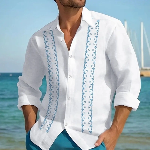 Herren Casual Langarm Button Down Hemd Vertikale Gestreifte Guayabera Stil Resort Wear Lockerer Fit Revers Hemd