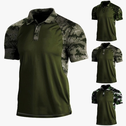 Herren Polyester Taktisch Tarnung Patchwork Polo Shirt Kurzarm Schnelltrocknend Atmungsaktiv Revers Top Für Outdoor Sport