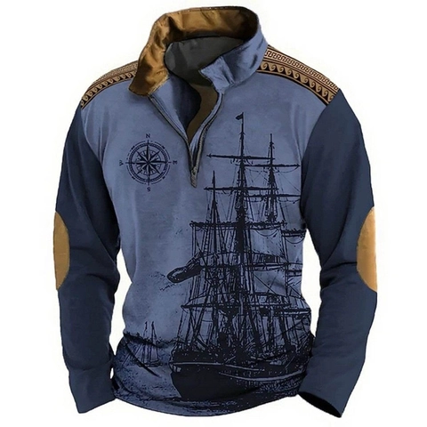 Ανδρικό Vintage Ναυτικό 3D Print Polo Casual Μισό Φερμουάρ Όρθιος Γιακάς Μακρυμάνικη Μπλούζα Ιστιοφόρο Πυξίδα Patchwork Top