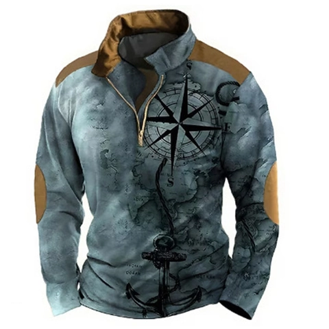 Ανδρικό Vintage Ναυτικό 3D Print Polo Casual Μισό Φερμουάρ Όρθιος Γιακάς Μακρυμάνικη Μπλούζα Ιστιοφόρο Πυξίδα Patchwork Top