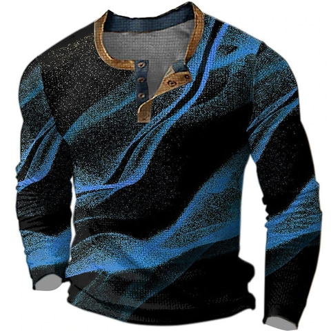 Herren Vintage Geometrisch Bedrucktes Langarm Henley Hemd Polyester Button Down Polo Shirt Lässiges Modisches Tägliches Top