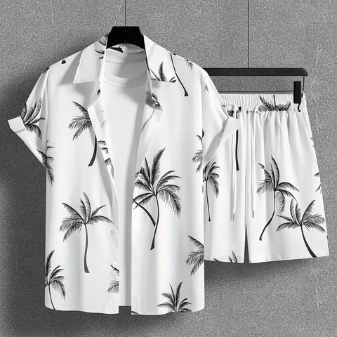 Ensemble Chemise et Short Hawaïen d'Été pour Homme avec Imprimé Palmier Tropical 3D pour la Plage et les Loisirs